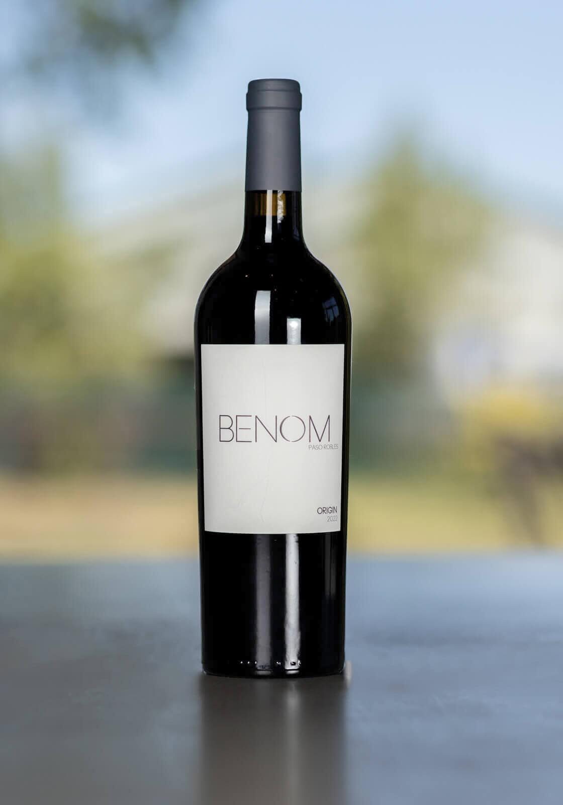 A bottle of 2022 Origin BENOM wine